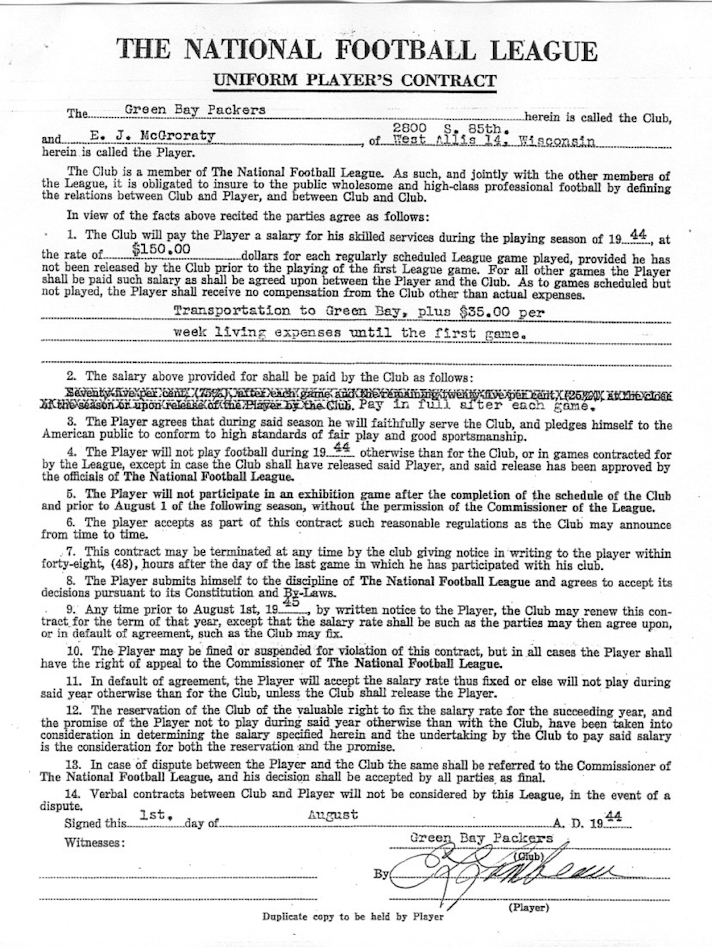 1944  Packers  Contract  Back